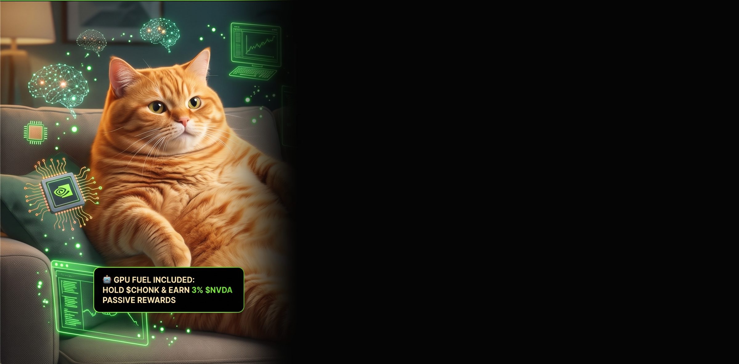 Le Chonk, a giant orange tabby, reclining on a couch surrounded by neon NVIDIA chips and neural-network graphics.