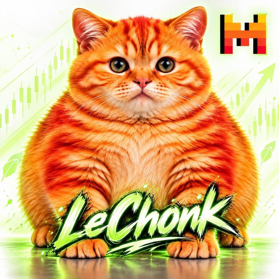 The Le Chonk brand card: a huge illustrated orange tabby with a graffiti-style “LeChonk” wordmark.