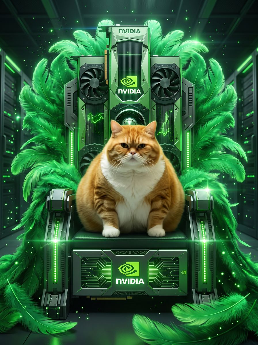 Le Chonk, a giant orange tabby, sitting on a throne built from NVIDIA GPUs and green feathers.